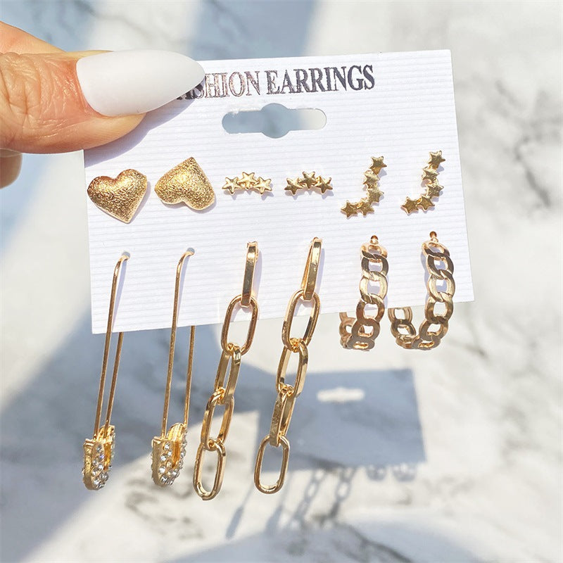 5 Sets New Retro Style Geometric Earrings 6 pairs Set Female Niche High-Grade Metal Stud Jewelry Set