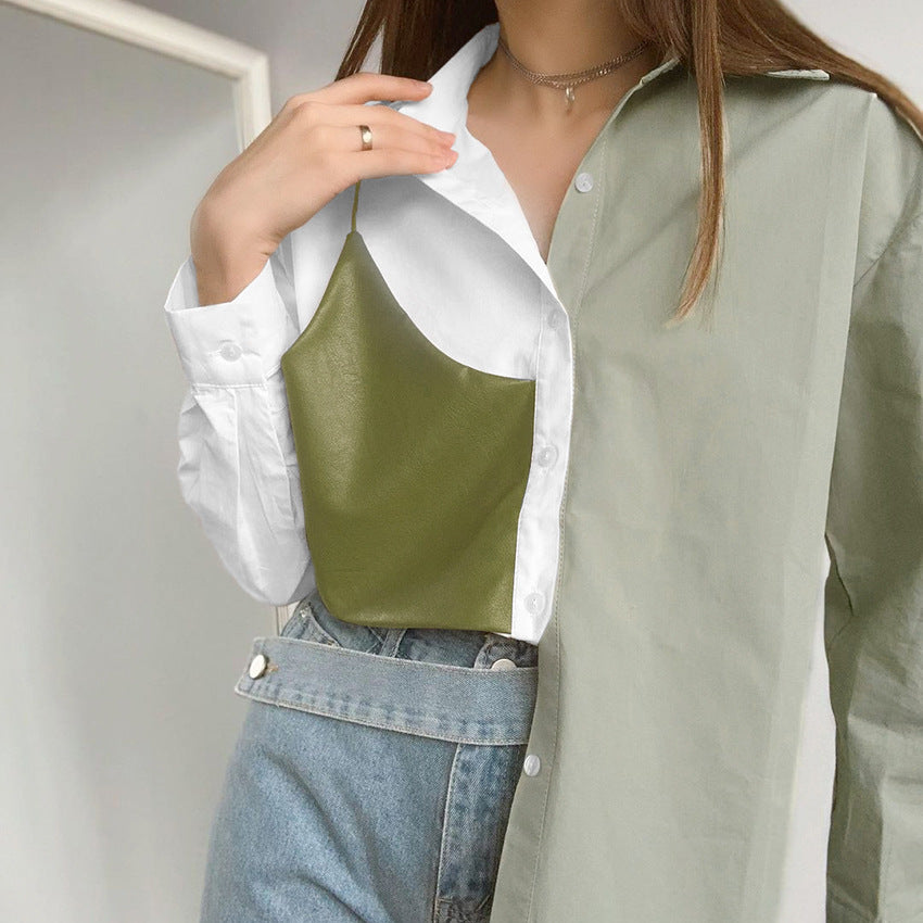 Spring Contrast Color Commuter Shirt Women's Design Sense Splicing Pu Leather Fake Two Long Sleeve Loose Shirt