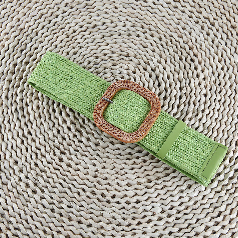 Cotton Hemp Wind Pp Grass Woven Belt For Women Round Square Buckle Dress Gown Decoration Belt