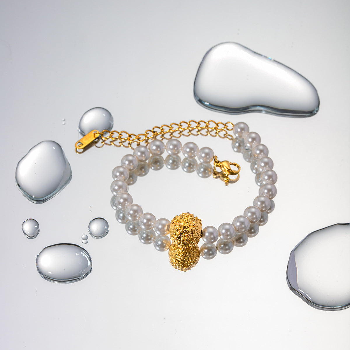 5pcs High-Grade 18-Carat Gold Stainless Steel Hammer Embossed Flower Ball Pearl Bracelet Titanium Steel Color-Proof Bracelet