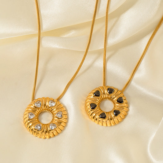 5pcs 18K Gold Stainless Steel Inlaid Black Zircon Bread O-Shaped Pendant Necklace Women's Collarbone Choker