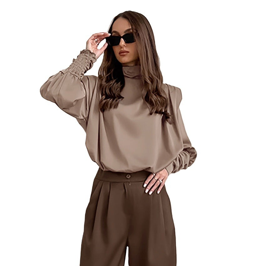 Brown Thin Soft Matte Color Ding High-Neck Lantern Sleeve Shirt New Fall Fashion Commuter Woman