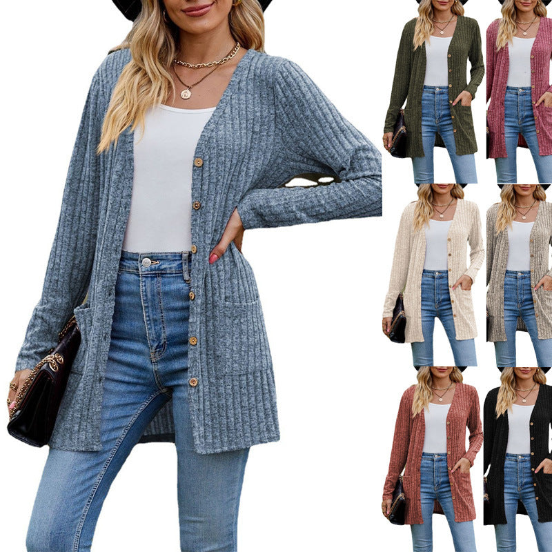 New Fall New Women's Women's Ground Wool Pit Strip Solid Color Long Sleeve Women Cardigan Coat