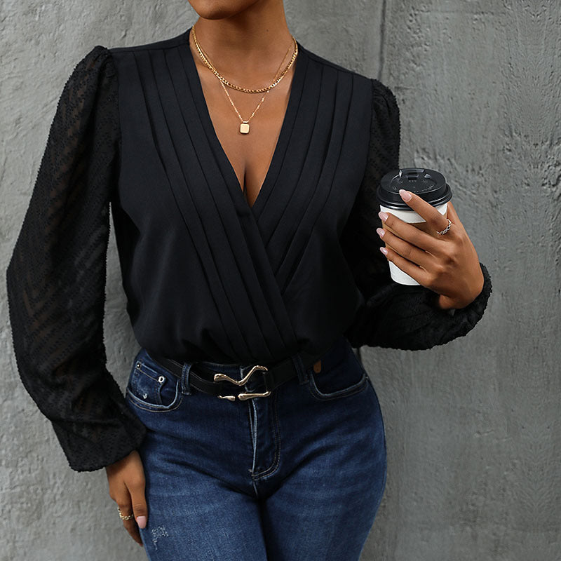 Spring Splicing Top Long Sleeve Mesh Commuter See-Through Pullover Blouse Woman