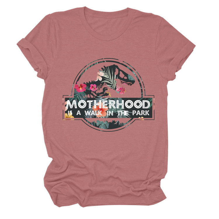 Motherhood Is A Walk In The Park. Plus-Size Round Neck Letter Short-Sleeved Shirt