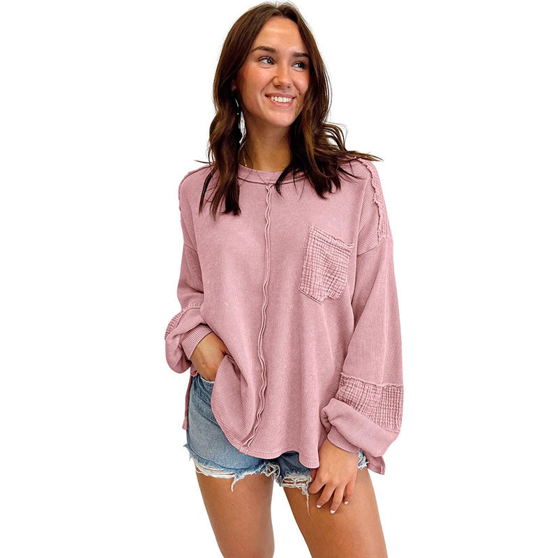 Autumn New Open Seam Patchwork Waffle Sweatshirt Women Casual With All Round Neck Pullover Women