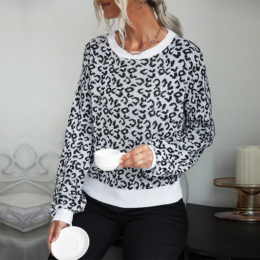 New Leisure Autumn Women's Leopard-Print Long-Sleeved Women's Sweater