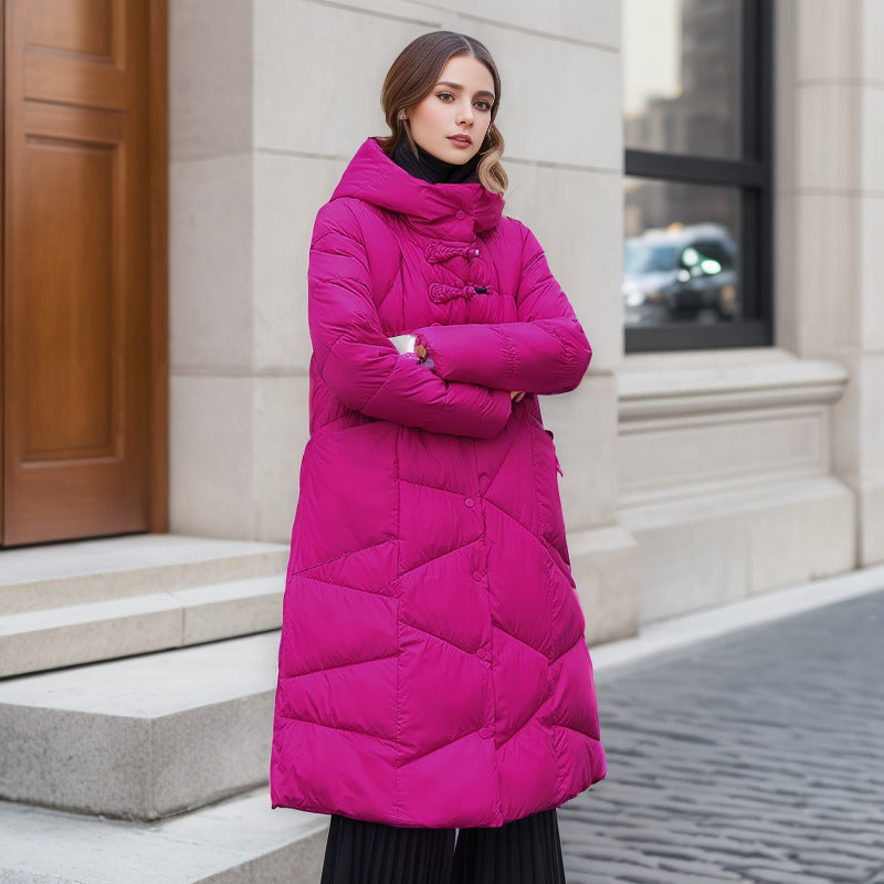 Literary And Retro Ethnic Style Button Down Jacket Women's Mid-Length Over The Knee Thick Loose Large Size Hooded Coat