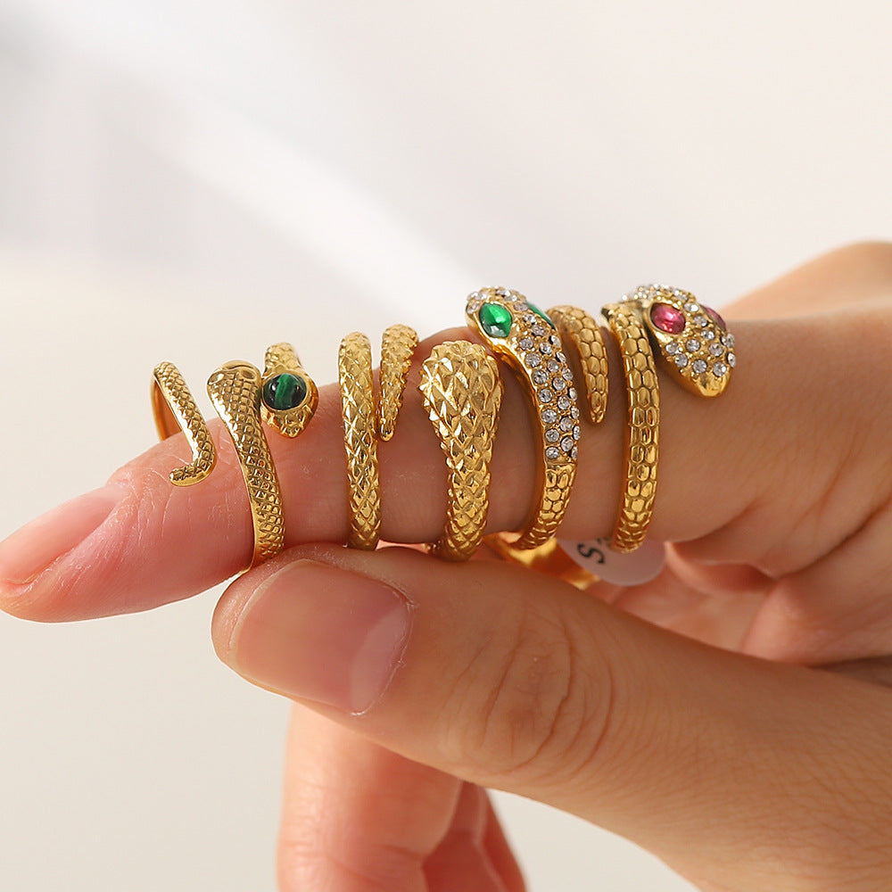 5pcs High Quality Vintage Style Titanium Steel Open Ring Encrusted With Diamond Serpentine Femininity Advanced Sense Of All-Match Ring Ring