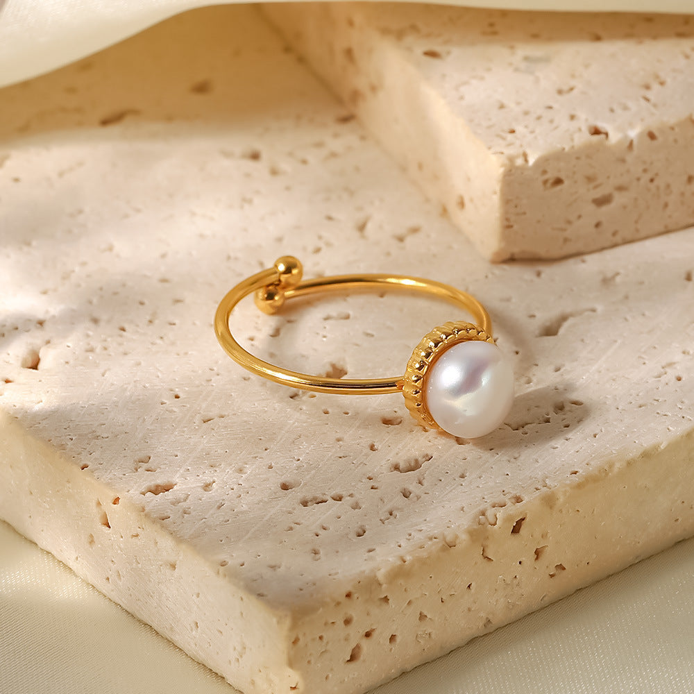 5pcs Stylish Matching Ring 18K Gold Stainless Steel Adjustable Light Pearl Bread Bead Fine Ring