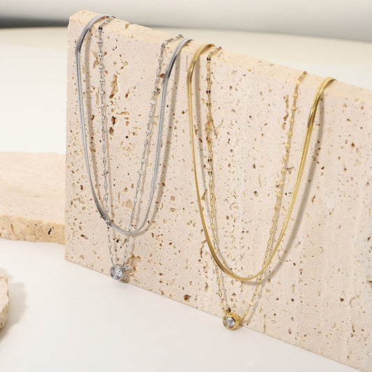 5pcs Stacked Snake Chain Necklace Necklace Stainless Steel Jewelry 14K Gold And Silver Double Rhinestone Pendant Necklace For Women