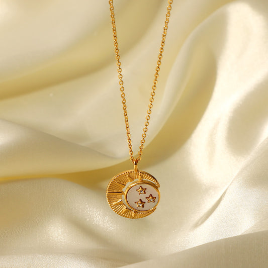 5pcs 18K Gold Stainless Steel White Shell Inlaid With Stars Moon Sun Pendant Necklace Fashion Inlaid Zircon Collar Women