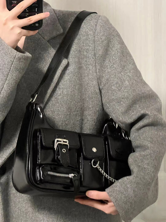 Vintage Y2k Handbags Women High Street Zipper Casual Solid Messenger Bag