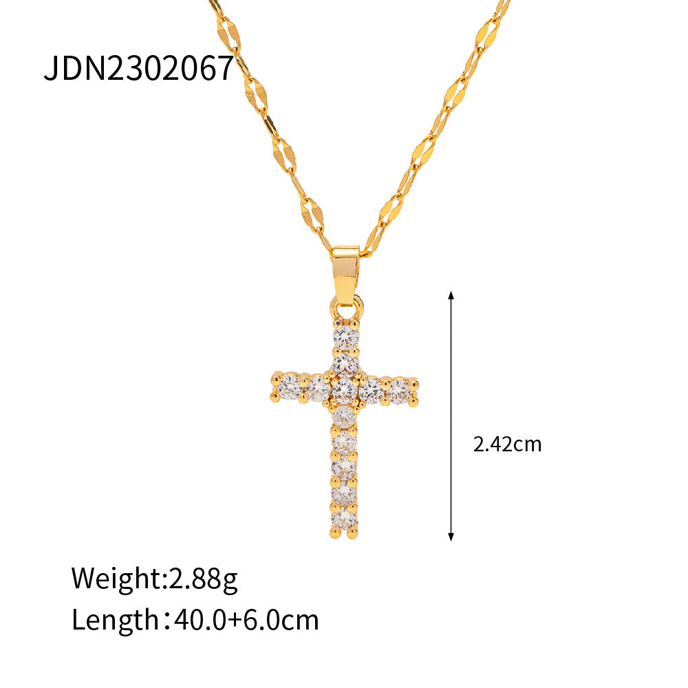 5pcs 18K Stainless Steel Inset White Zircon Cross Pendant Necklace Does Not Fade The Color Of The Niche Jewelry