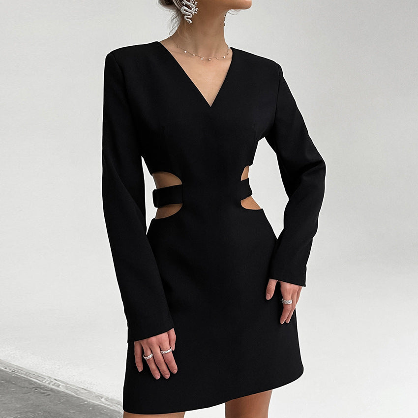 Black Hollow Design Sense V-Neck Slim-Fit Dress New Spring Fashion Skirt