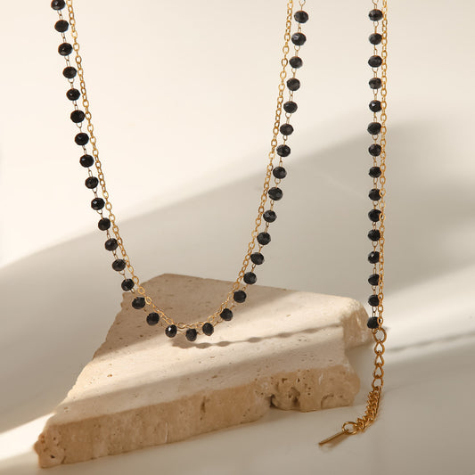 5pcs Bohemian Style Stainless Steel Black Bead Glass Stone Double Necklace Black Glass Sliced Bead Necklace Women's Jewelry