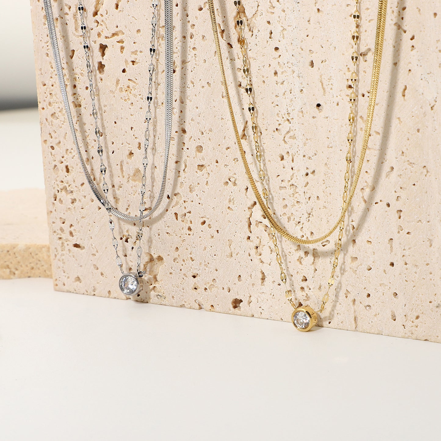 5pcs Stacked Snake Chain Necklace Necklace Stainless Steel Jewelry 14K Gold And Silver Double Rhinestone Pendant Necklace For Women
