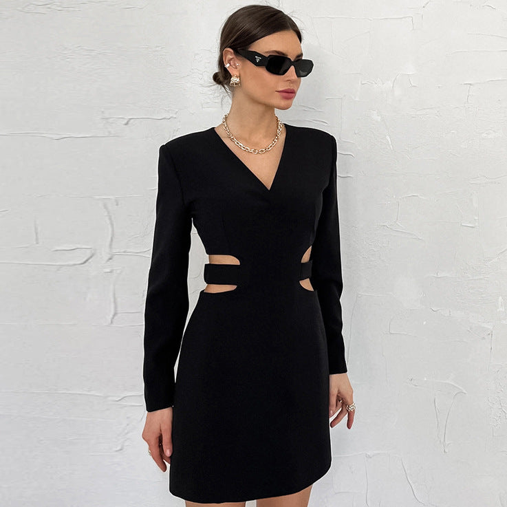 Black Hollow Design Sense V-Neck Slim-Fit Dress New Spring Fashion Skirt