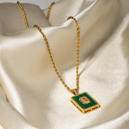 5pcs Stainless Steel Necklace 18K Rectangular Green Tag Stainless Steel Necklace Female