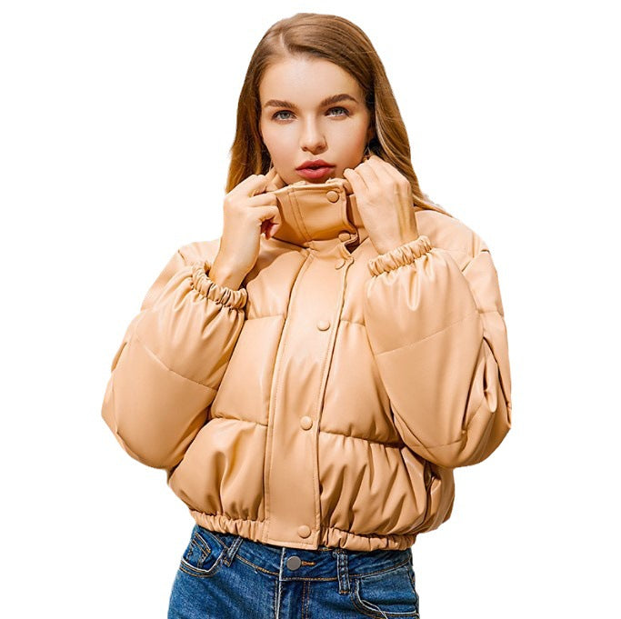Aliautumn And Winter Leather Cotton-Padded Clothing Style Standing Collar Leather Coat Women Warm Short Bread Clothing