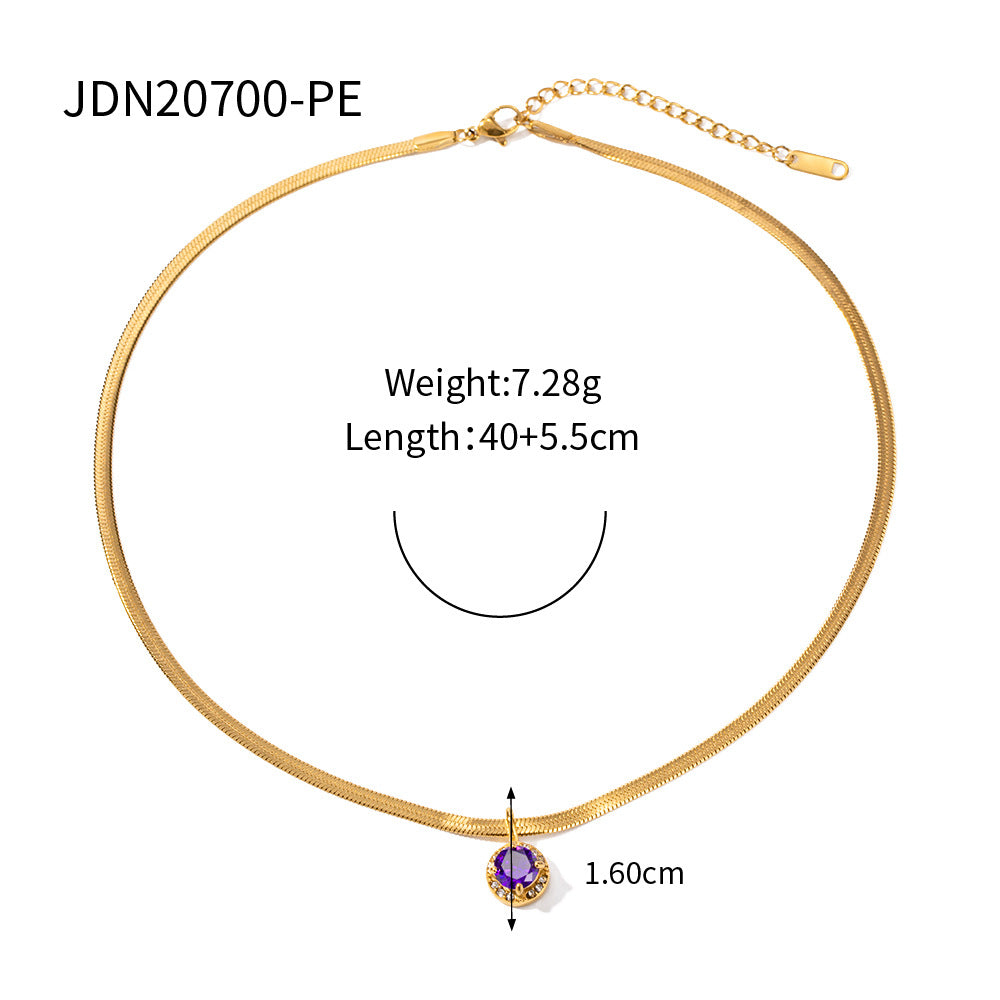 5pcs 18K Gold Stainless Steel Round Zircon Double Layer Stereo Pendant Flat Snake Chain Pendant Necklace For Ladies