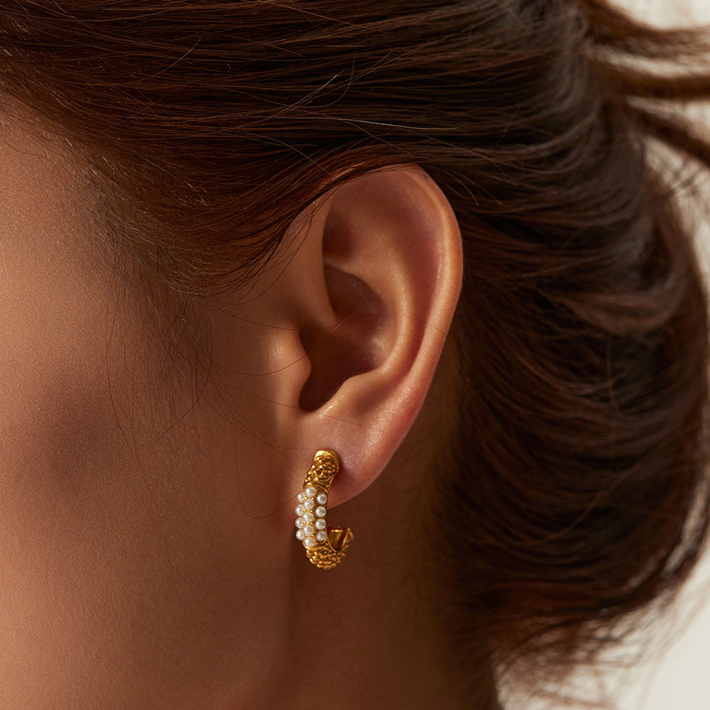 5pcs New Women's Fashion All Match Personality C-Shaped Inlaid Pearl Titanium Steel Earrings Stainless Steel Gold-Plated Earrings