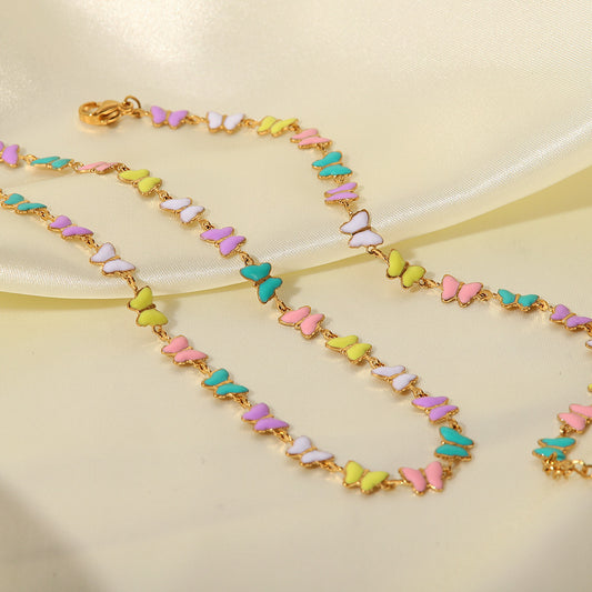 5pcs Women's Fashion 100 Accessorize With 18-Karat Gold Stainless Steel Dripping Bracelet Colorful Enamel Butterfly Collar Necklace Set