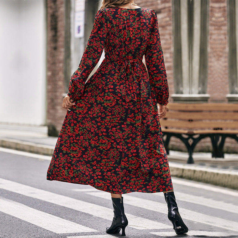 Fashion Autumn Women's Temperament New Luxury Long-Sleeved V-Neck Slim-Fit Printed Dress