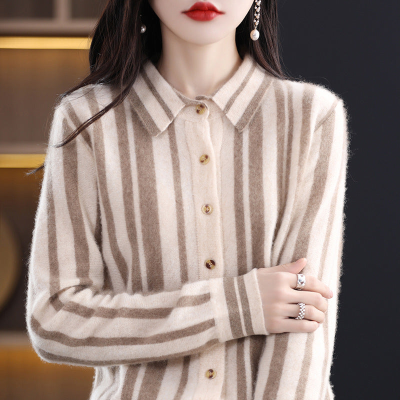 Spring And Autumn New Polo Collar Vertical Stripes Pure Wool Shirt Female Korean Version Patchwork All Matching Thin Wool Knitted Cardigan
