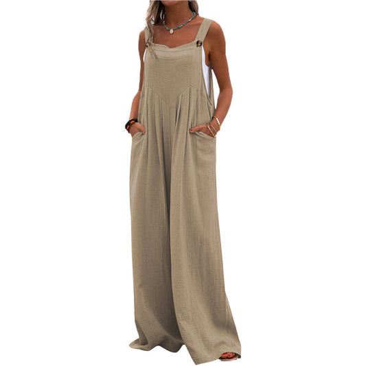Casual Summer Romper With Loose Straps Pocket Cotton Hemp Breathable Wide Leg Pants Home Commuter Pants