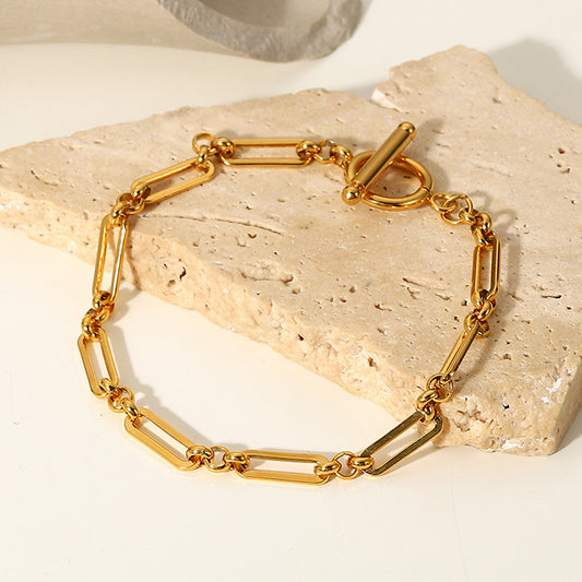 5pcs Rock Retro Punk 18K Gold Plated Stainless Steel Ot Buckle Bracelet Geometric Stitching Chain Bracelet Bracelet