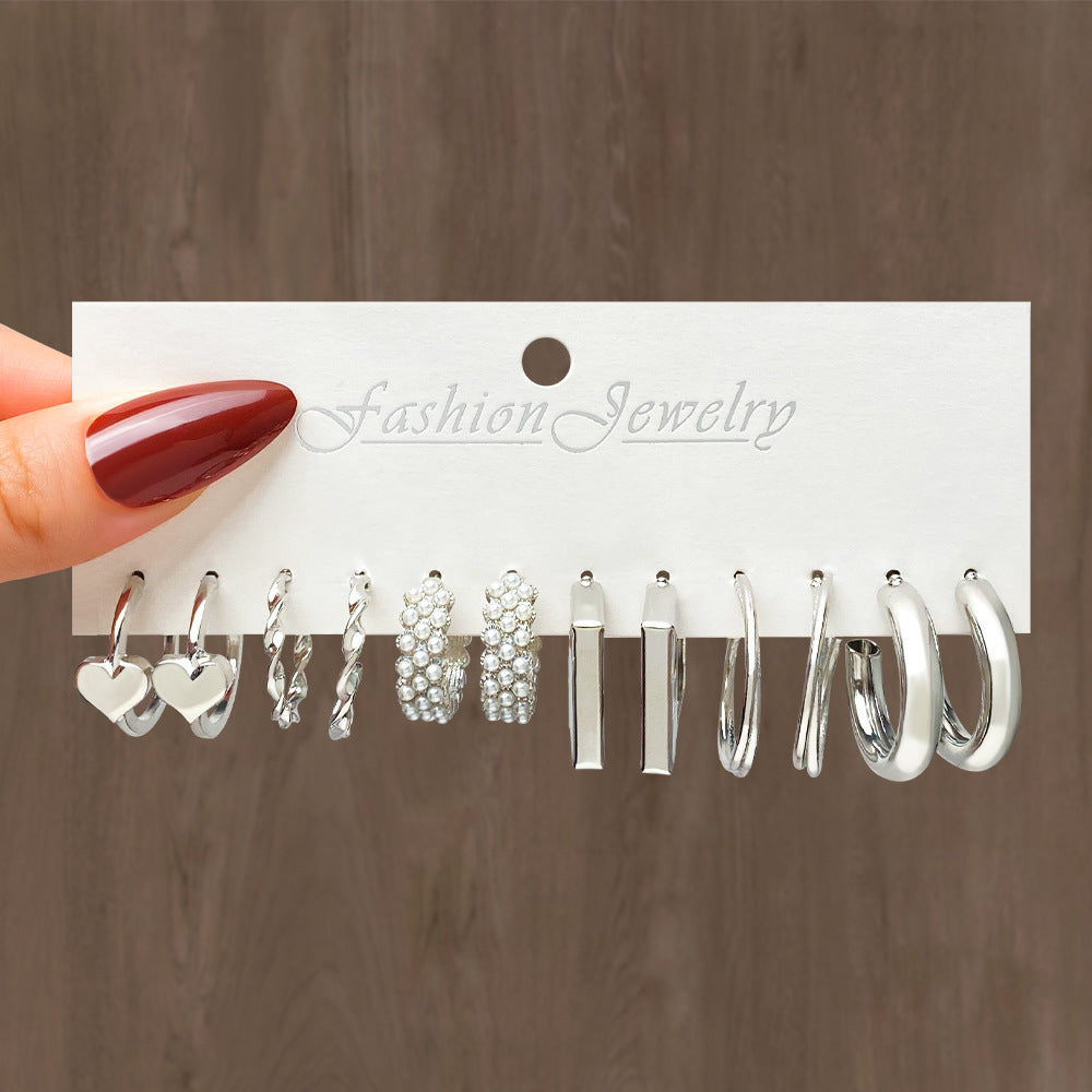 5 Sets Fashion New Love Earrings 5 pairs per Set Female Retro Metal Niche Pearl Jewelry