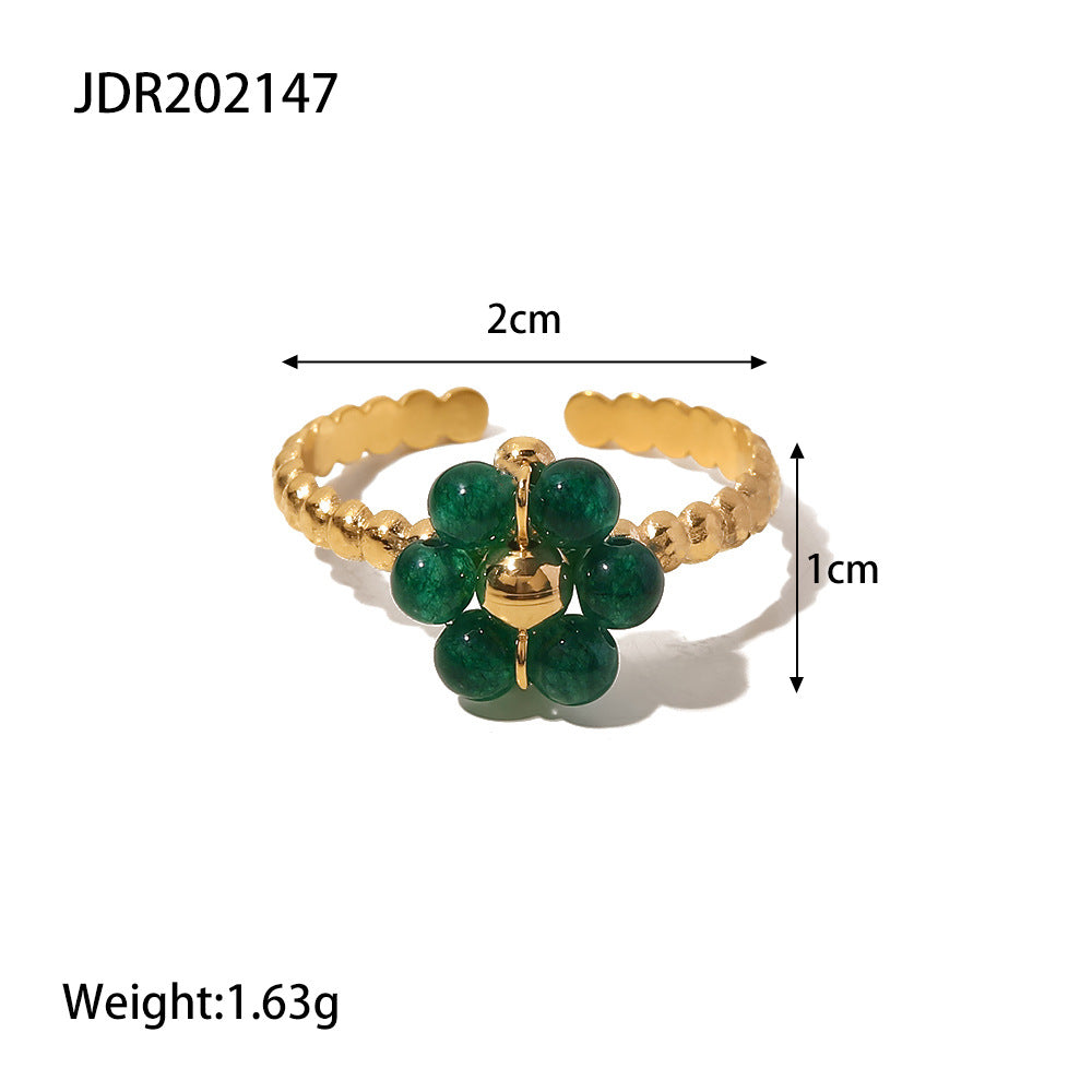 5pcs New Fashion Feminine All-Fit Titanium Steel Ring Green Natural Stone Sunflower Adjustable Ring