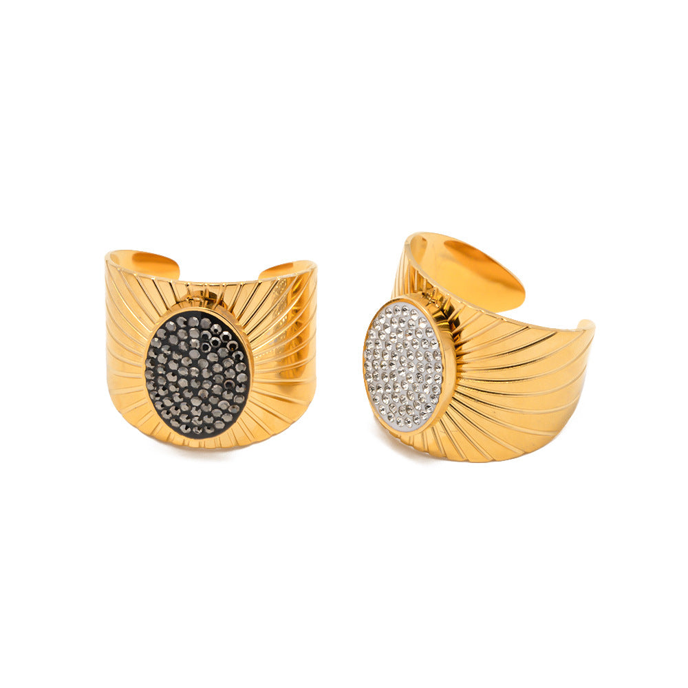 5pcs 18K Gold Radial Black Diamond Exaggerated Stainless Steel Ring Women's All-Match Titanium Steel Jewelry