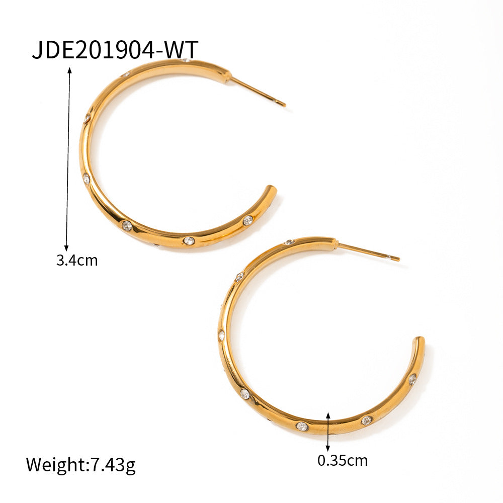 5pcs Vintage Style 18K Gold Stainless Steel Big C Inset Color Zircon Earrings White Zircon Earrings