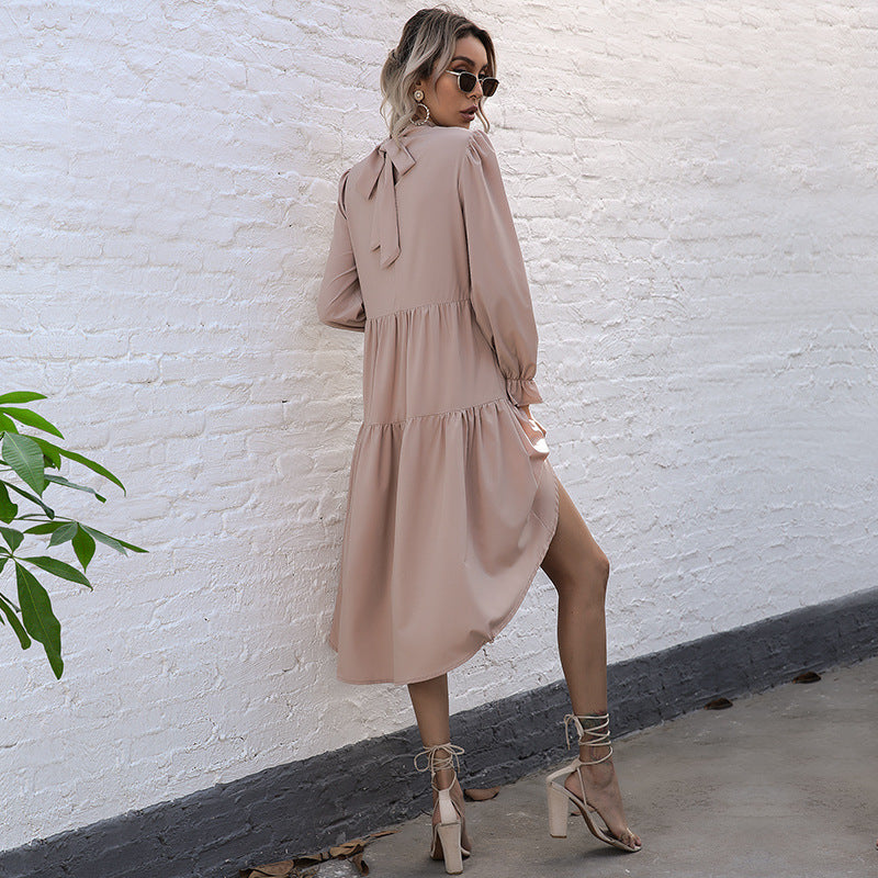 Selling Fashion Women's Solid Color Long-Sleeved Irregular Semi-High-Neck Dress