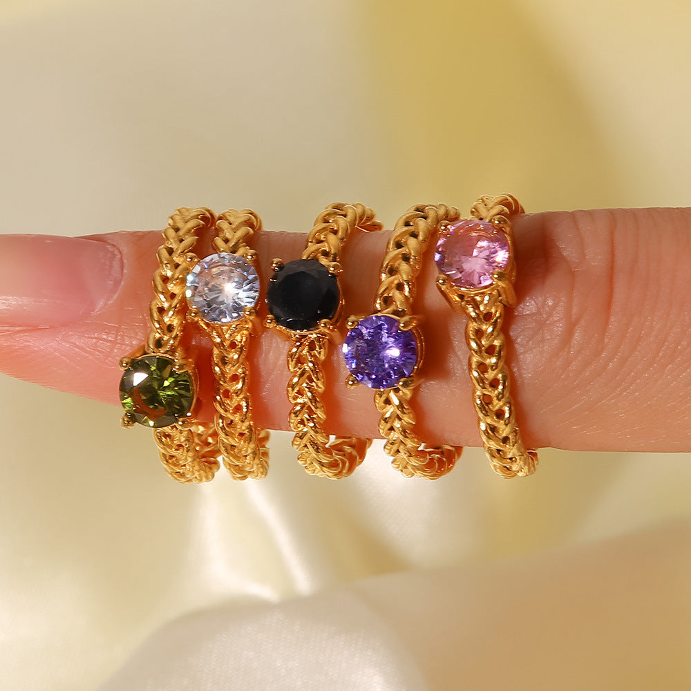 5pcs Women's Fashion All-Match Ring 18K Gold Stainless Steel Round Zircon Set Wheat Braided Adjustable Ring