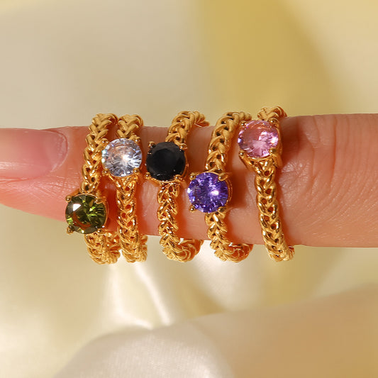 5pcs Women's Fashion All-Match Ring 18K Gold Stainless Steel Round Zircon Set Wheat Braided Adjustable Ring