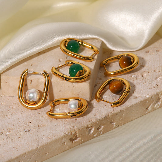 5pcs Retro Geometric Simple Design Sense Inlaid With Natural Green Agate Earrings Femininity All Match High-Grade Earrings