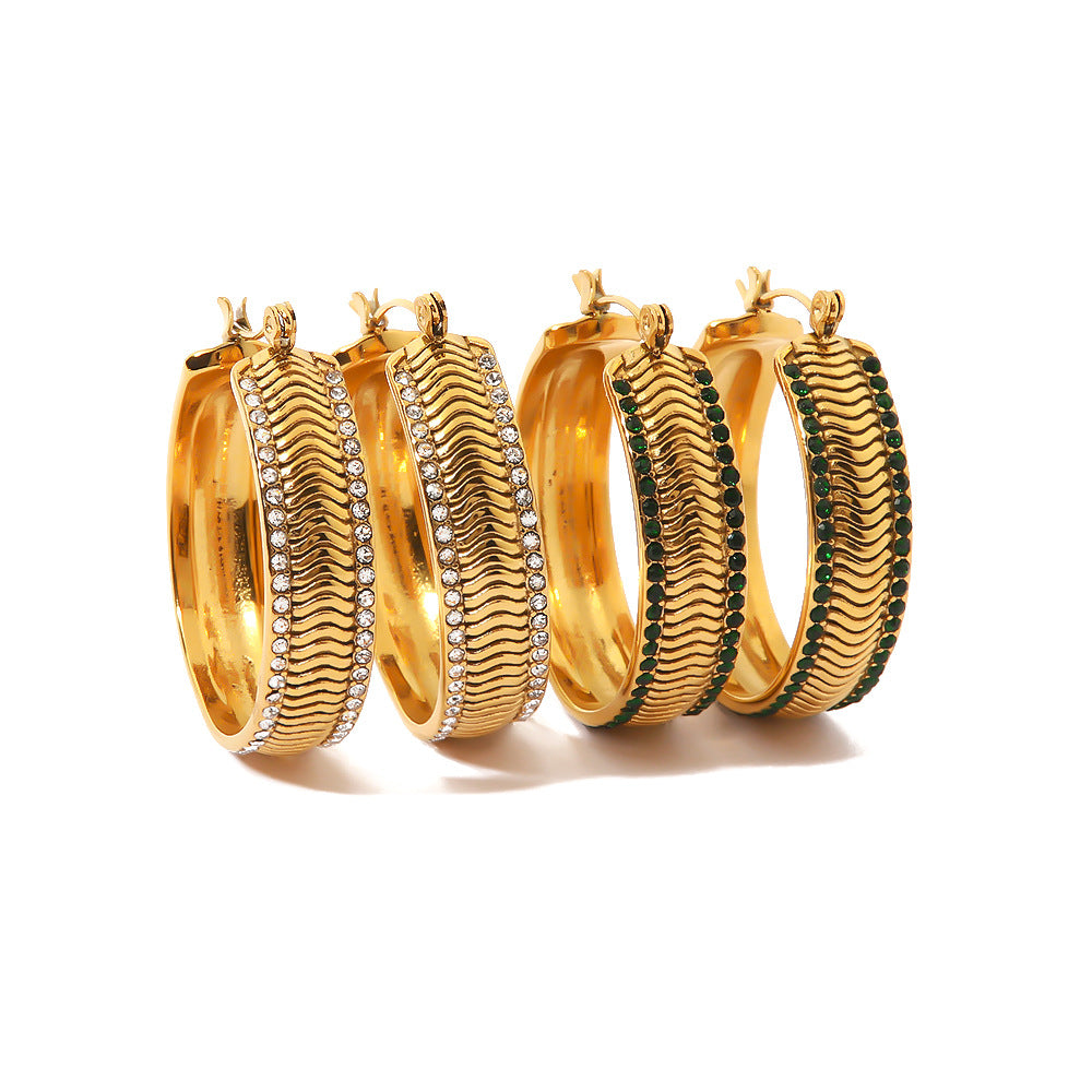 5pcs Temperament Light Luxury Niche Earrings 18K Gold Plated C-Shaped Corrugated White Zircon Double Inset Geometric Earrings