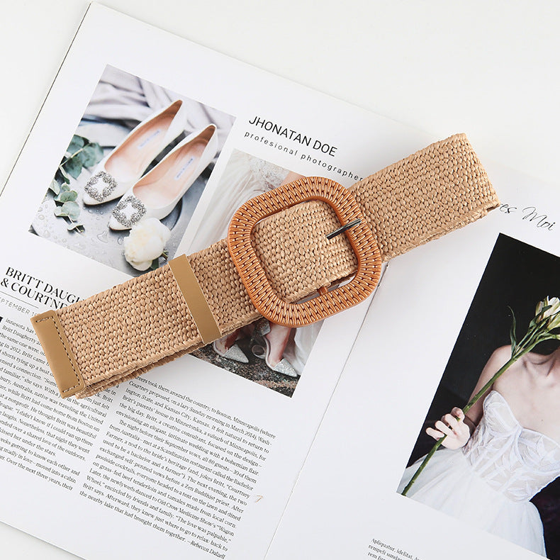 Cotton Hemp Wind Pp Grass Woven Belt For Women Round Square Buckle Dress Gown Decoration Belt