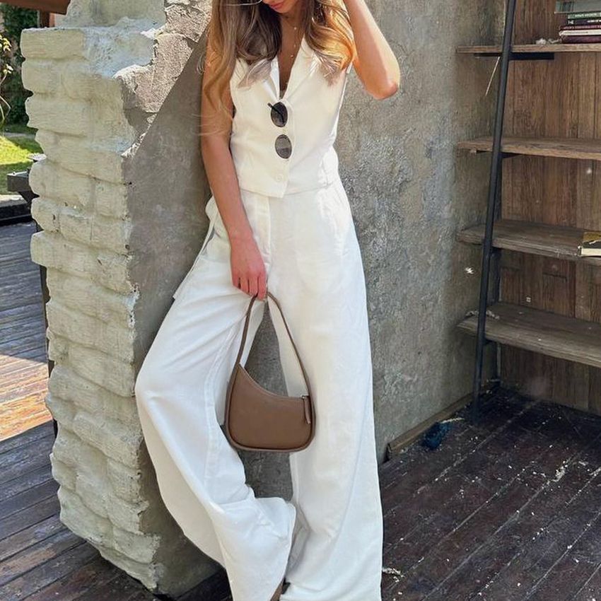 Cotton And Linen Vest Set Summer Casual Cotton And Linen Vest Single Breasted Waistcoat + Trousers Set