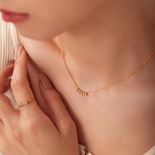 5pcs New Titanium Steel Fine Necklace Women's Fashion All-Matching Collar 18K Gold Inlaid Round Row White Zirconium Necklace
