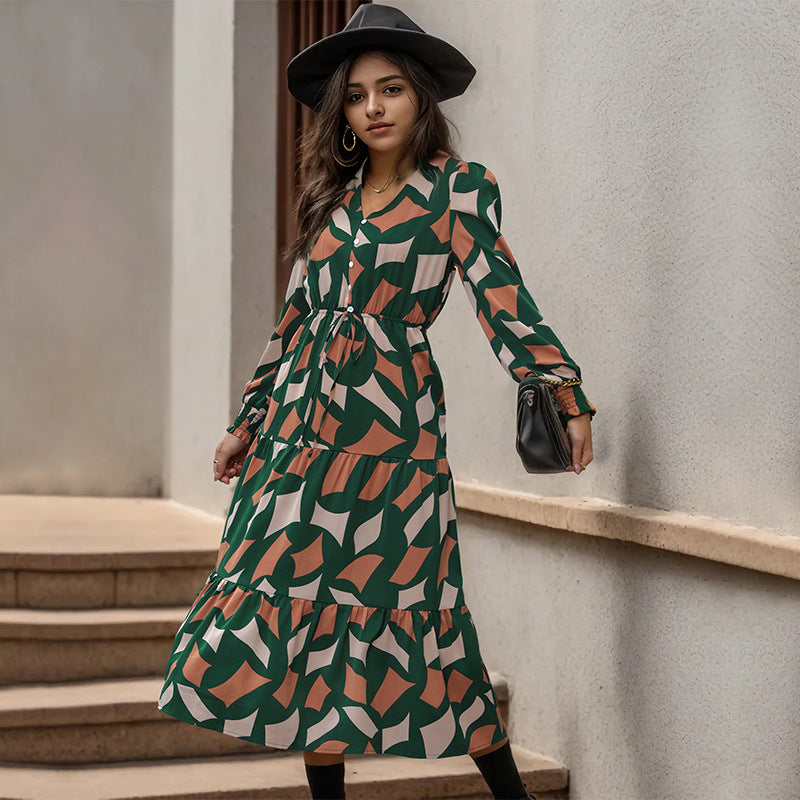 New Temperament V-Neck Ruffled Dress To Button-Up Long Skirt Geometric Pattern Matching Female Skirt