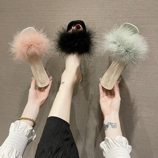 Female Summer New Korean Version Of Woolly Coarse Sandals Flip-Flops Open Toe To Wear High-Heeled Slippers