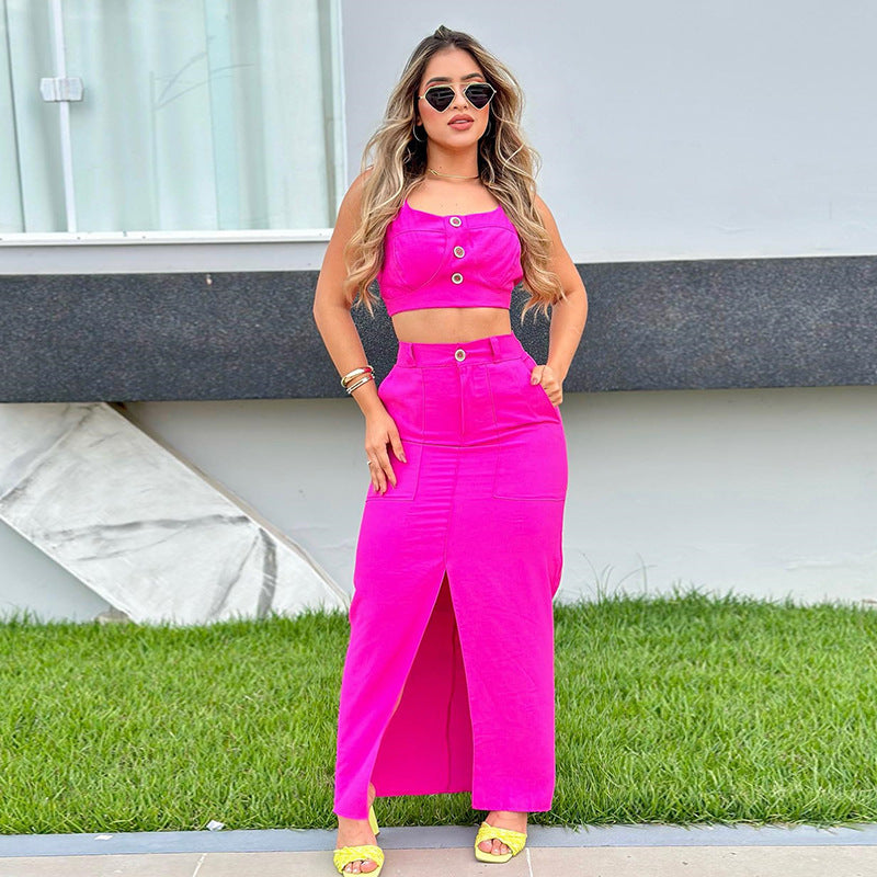 Women's Autumn New Fashion Square Collar Halter Vest High Waist Slit Skirt Suit