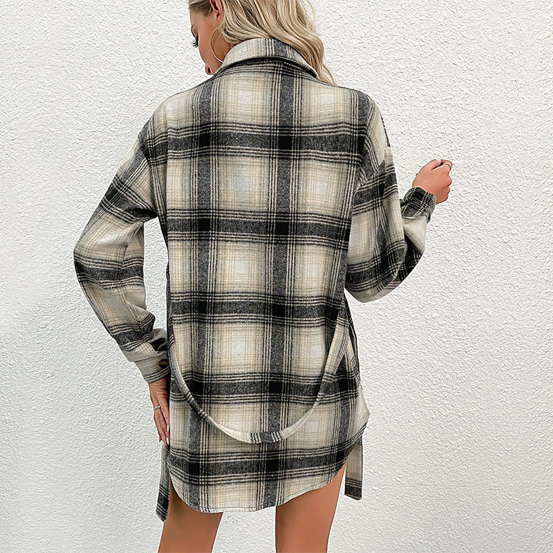 New Autumn And Winter New Women's Long Plaid Shirt Coat Women Shacket