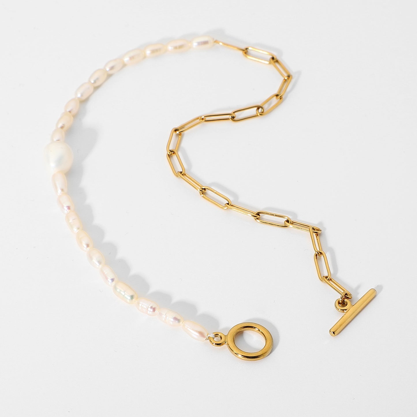 5pcs Stainless Steel Pearl Stitching Jewelry Set 18K Gold Plated Chain Ot Buckle Natural Light Pearl Necklace For Women