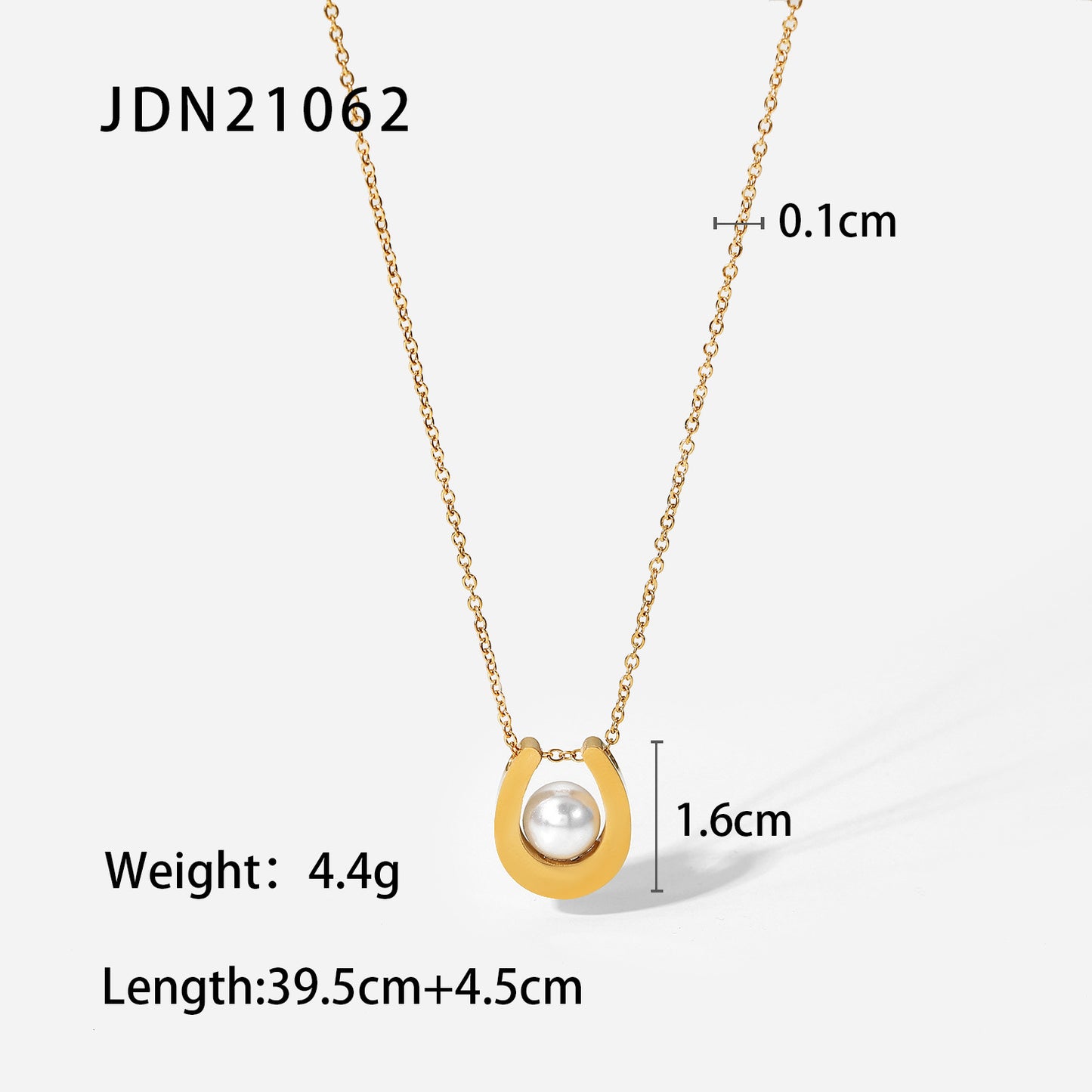 5pcs New 18K Gold Plated Chain Ring Pearl Pendant Necklace Stainless Steel U-Shaped Pearl Round Pearl Necklace For Women