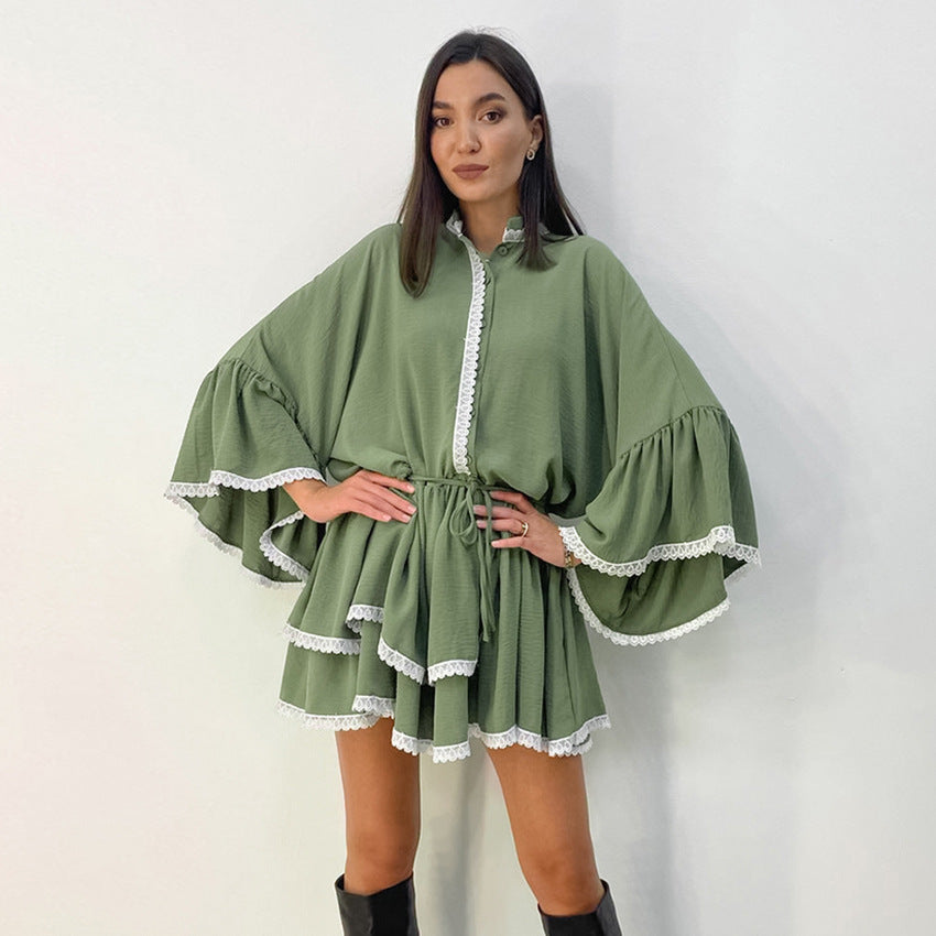 Spring Women's Dress Black Lace Lace Cake Dress Temperament 100 With Flared Sleeves Dress Women Loose